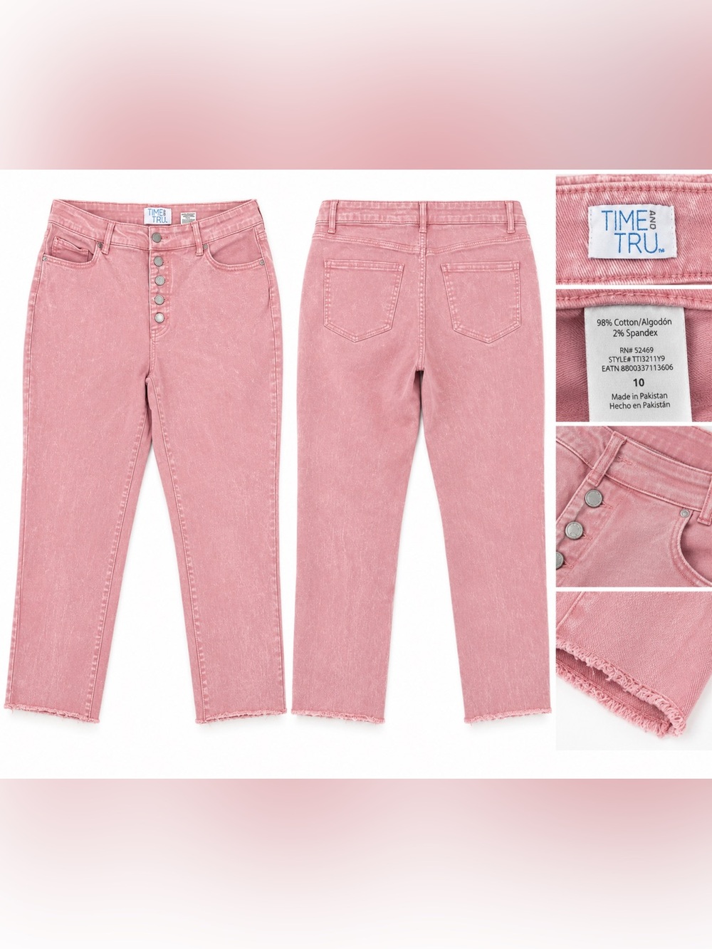Time and Tru Pink Button Fly Raw Hem Jeans Size 10